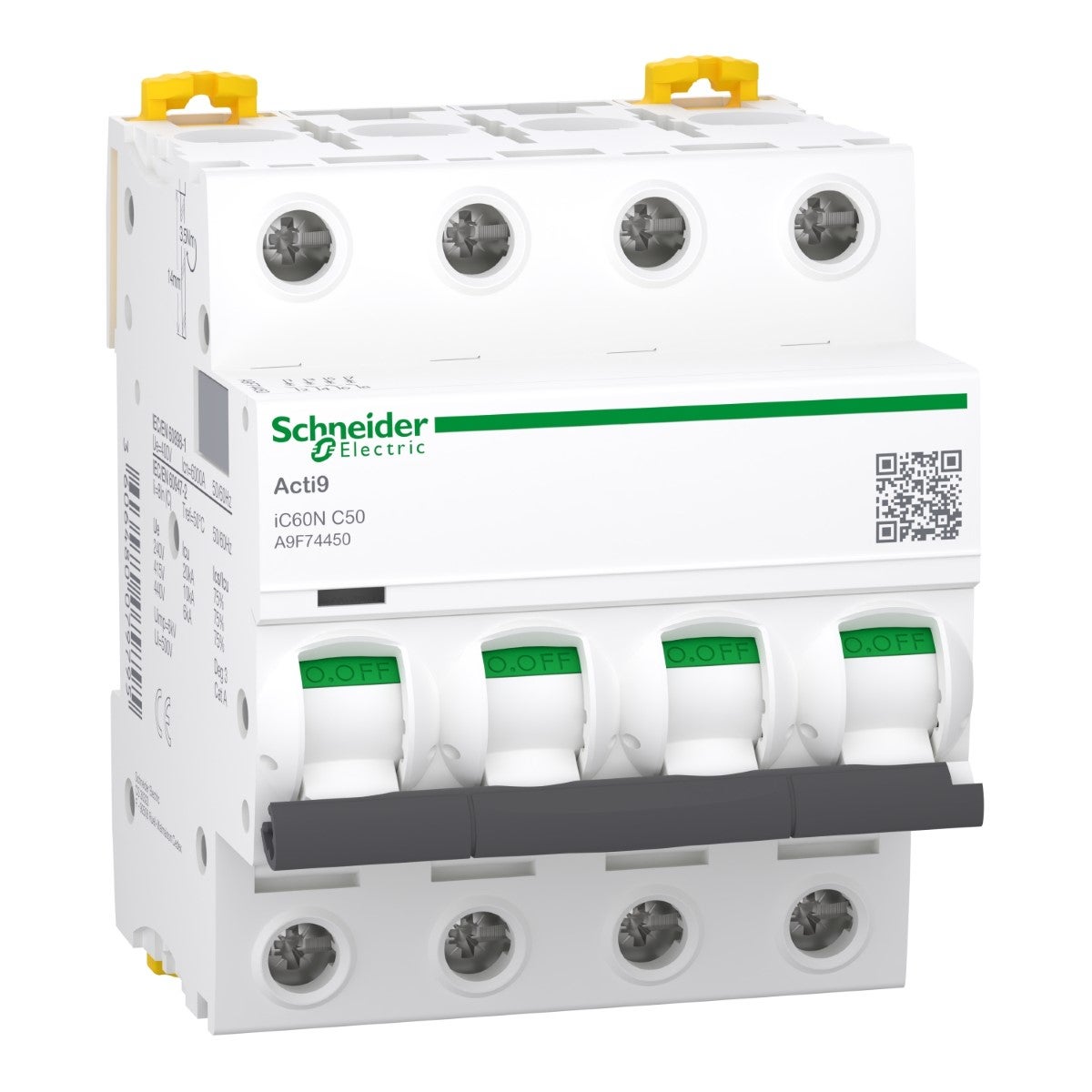 Minyatür devre kesici, Acti9 iC60N, 4P, 50 A, C eğrisi, 6000 A (IEC 60898-1), 10 kA (IEC 60947-2)