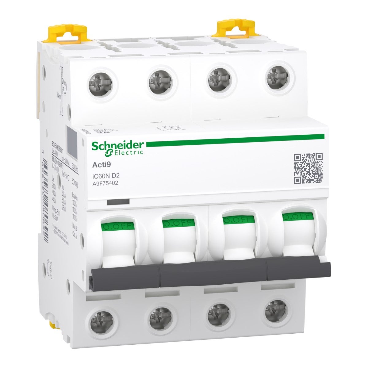 Minyatür devre kesici, Acti9 iC60N, 4P, 2 A, D eğrisi, 6000 A (IEC 60898-1), 50 kA (IEC 60947-2)