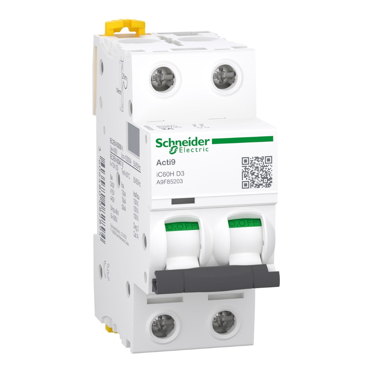 Minyatür devre kesici, Acti9 iC60H, 2P, 3 A, D eğrisi, 10000 A (IEC 60898-1), 70 kA (IEC 60947-2)