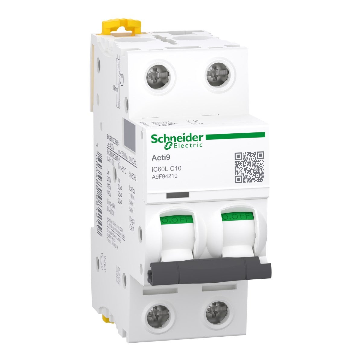 Minyatür devre kesici, Acti9 iC60L, 2P, 10 A, C eğrisi, 15000 A (IEC 60898-1), 25 kA (IEC 60947-2)