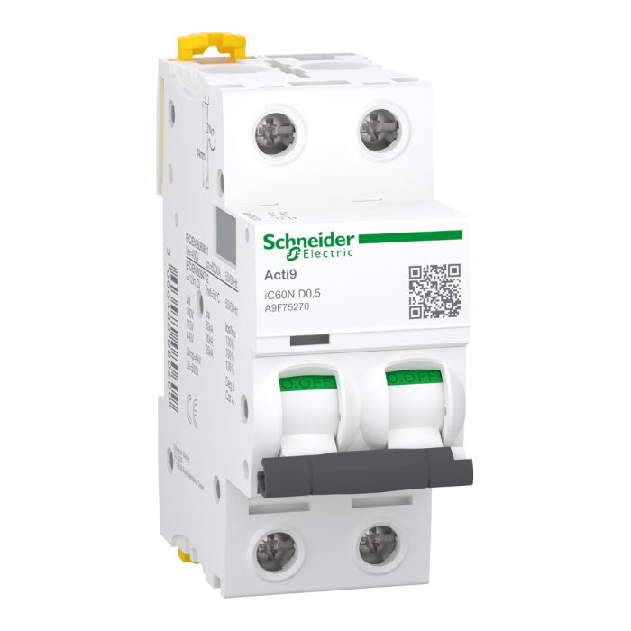 Minyatür devre kesici, Acti9 iC60N, 2P, 0,5 A, D eğrisi, 6000 A (IEC 60898-1), 50 kA (IEC 60947-2) main product photo