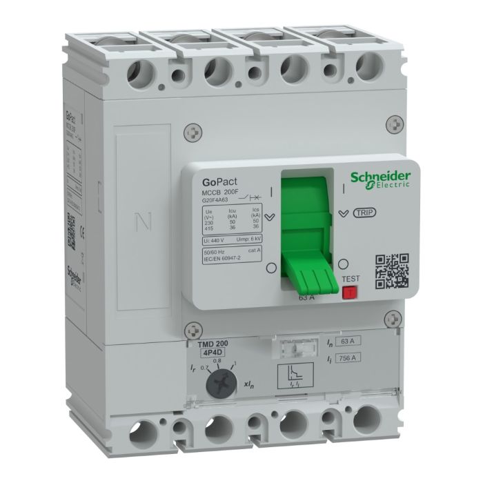 Circuit breaker, GoPact MCCB 200, 4 poles, 36kA at 415VAC, 63A rating, TMD trip unit, Ayar Sahalı main product photo