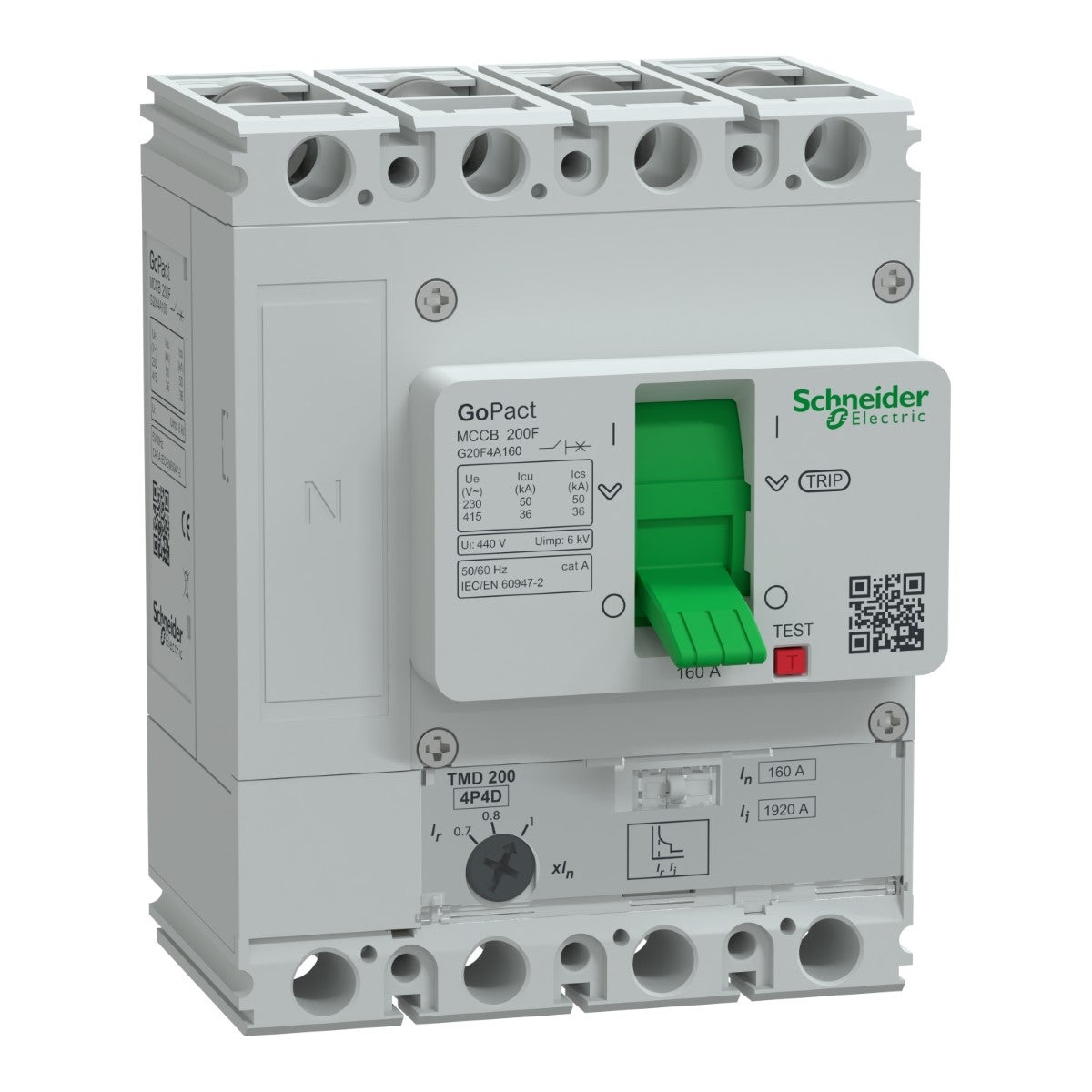 Circuit breaker, GoPact MCCB 200, 4 poles, 36kA at 415VAC, 160A rating, TMD trip unit, Ayar Sahalı